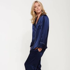 CHIC SATIN W/ TRIMMED PIPING PAJAMA SET - NAVY